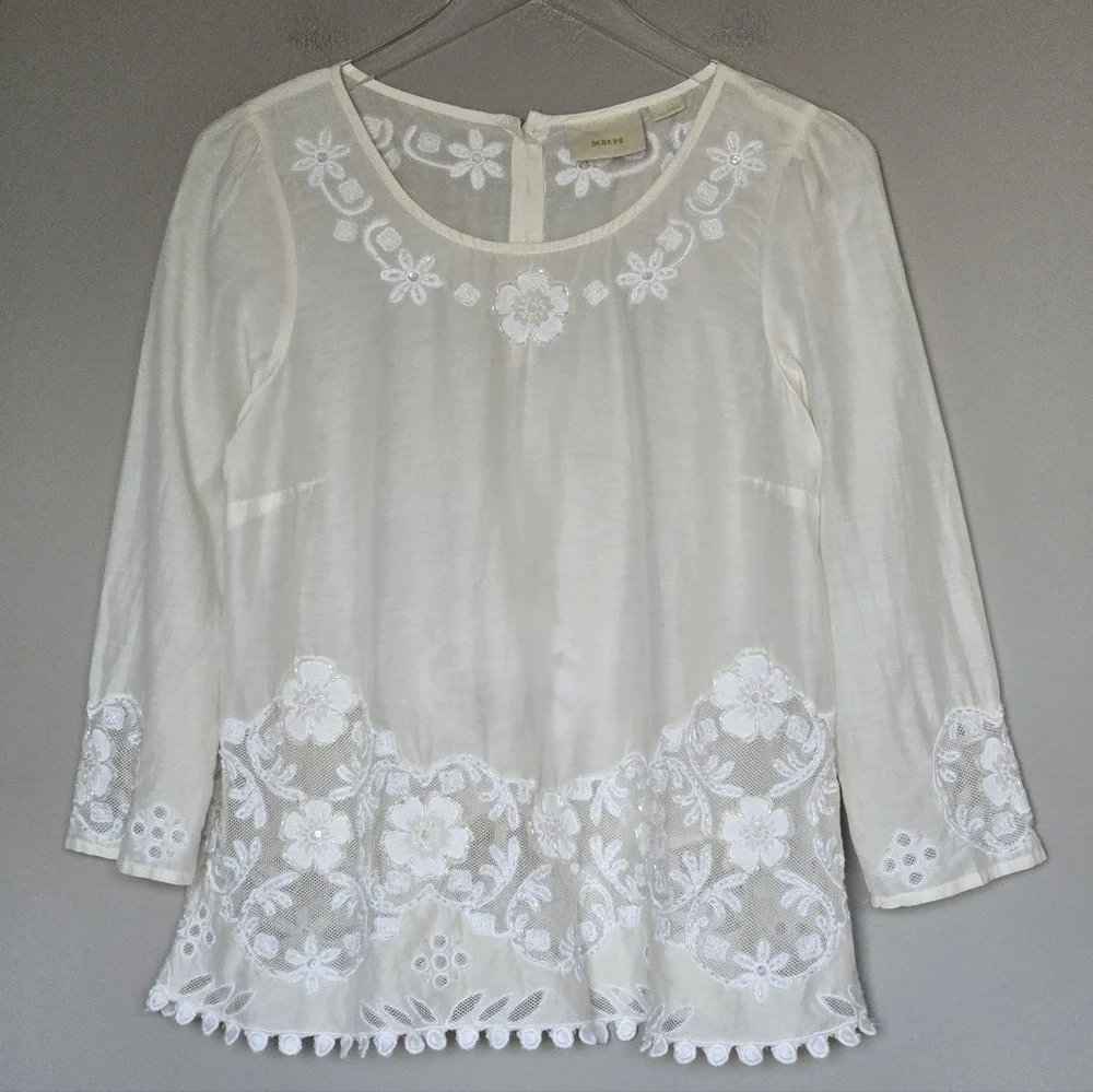 Anthropologie Maeve Cream Silk Embroidered Lace Women's Boho Feminine Fairy Top